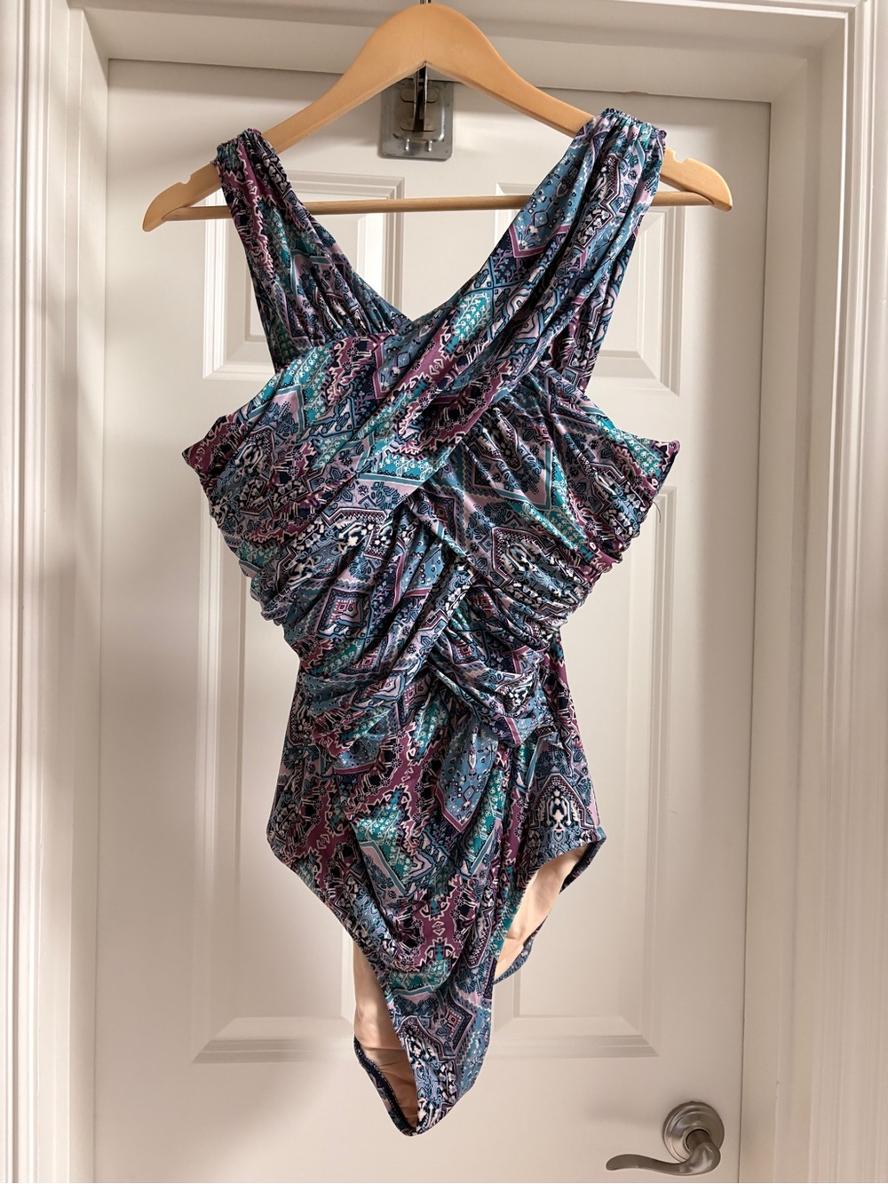 Garnet Hill Ruched One-Piece Swimsuit | 12| Teal/Purple